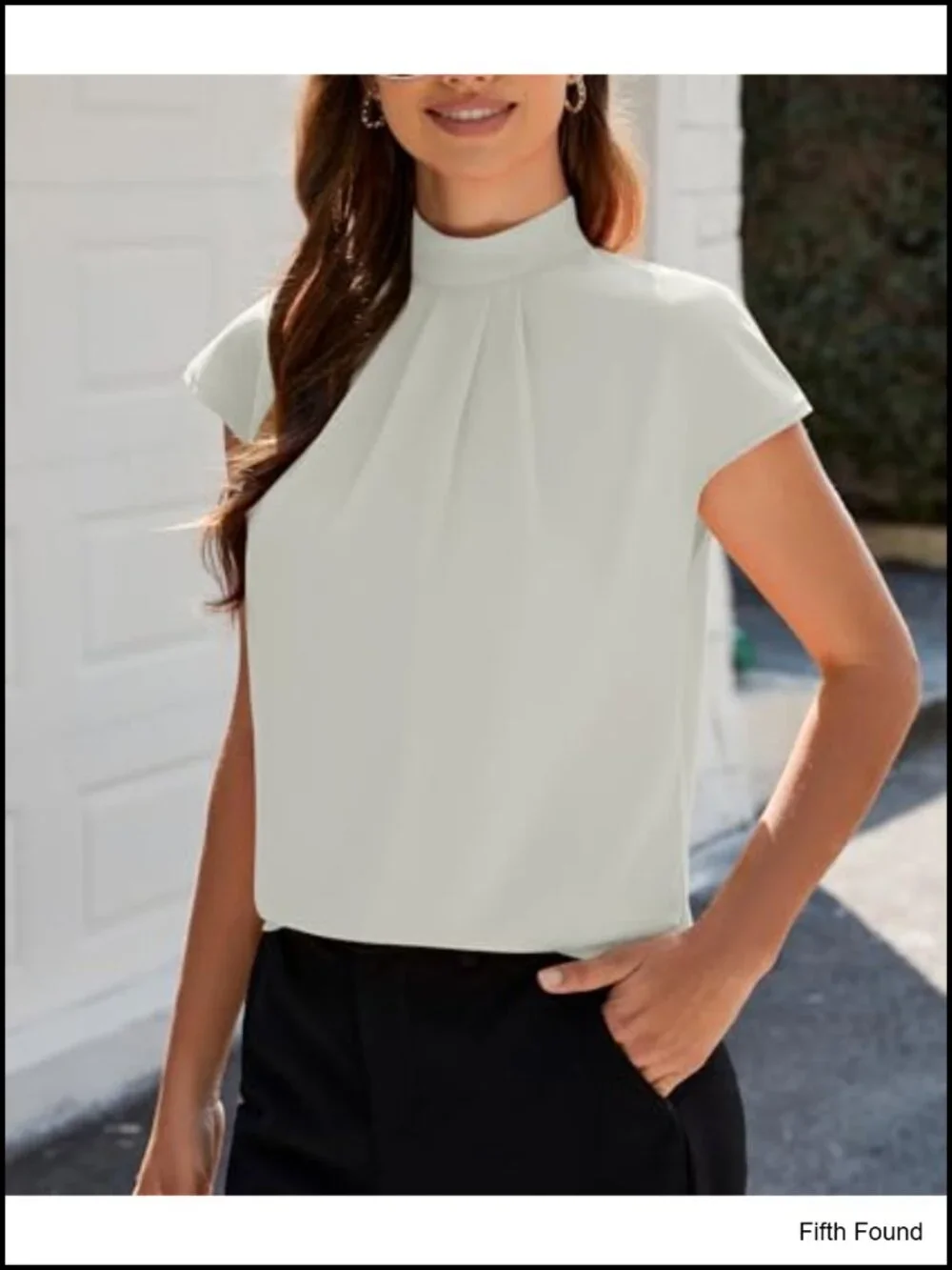 Women's Mock Neck Short Sleeve Chiffon Blouse - Picture 2 of 6